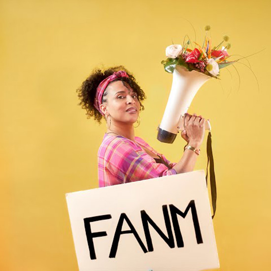 Manzel Loomaa fanm cover artwork. Manzel with a megaphone filled with flowers.