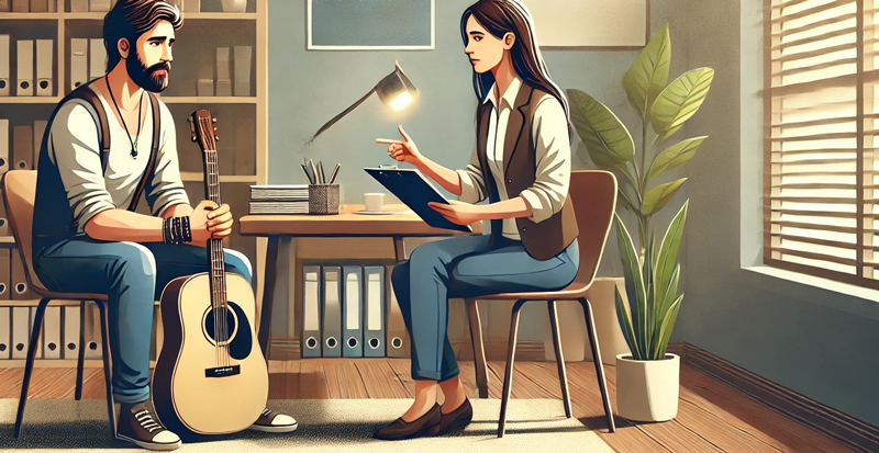 Illustration of a male musician receiving aid in an office with a female aid worker.