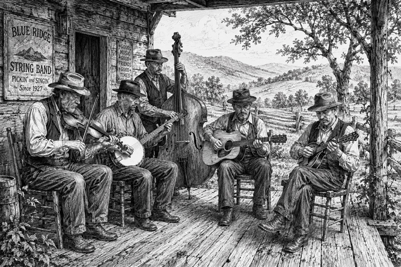Representation of an old time band. Generated with AI. Musicians playing on a porch.