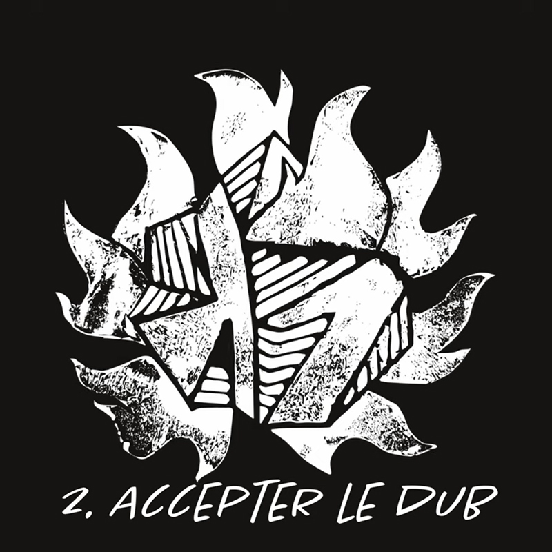 The single cover features a white design resembling interlocking shards or flames against a solid black background. Below the central image, the title “2. Accepter Le Dub” appears in a handwritten-style white font.
