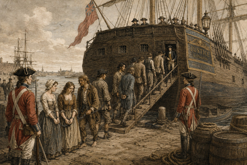 Convicts loaded into sailing ship. 18th century, AI generated.