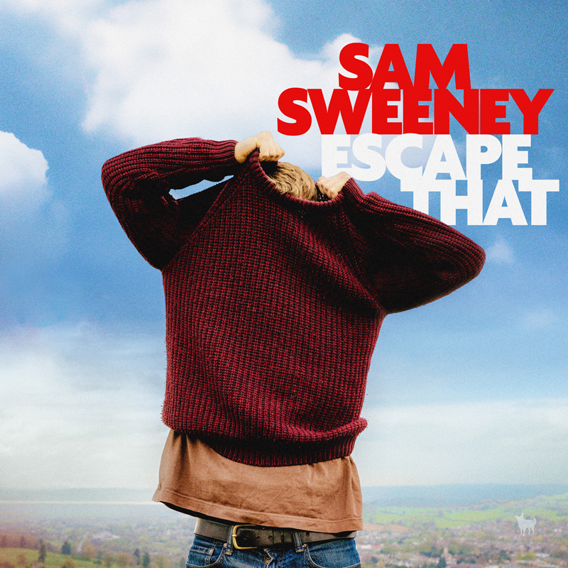 Sam Sweeney - Escape That cover artwork. A photo of a man outdoors removing his sweater over his head.