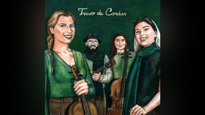 trevo de cordas espantalho do deserto cover artwork. An illustration of the quartet, three wmen and one man holding string instruments. Green clothing over a green background.